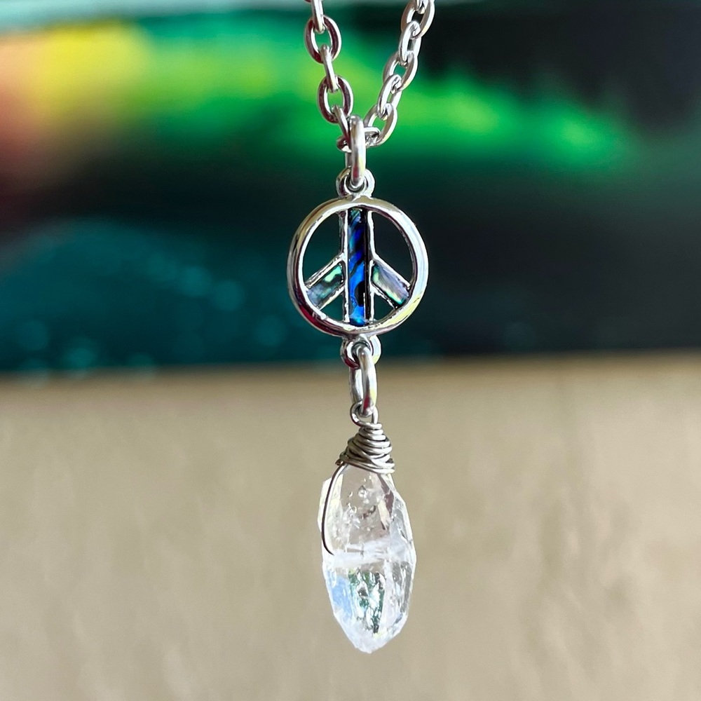 Herkimer diamond & Abalone shell peace sign charm stainless steel chain boho